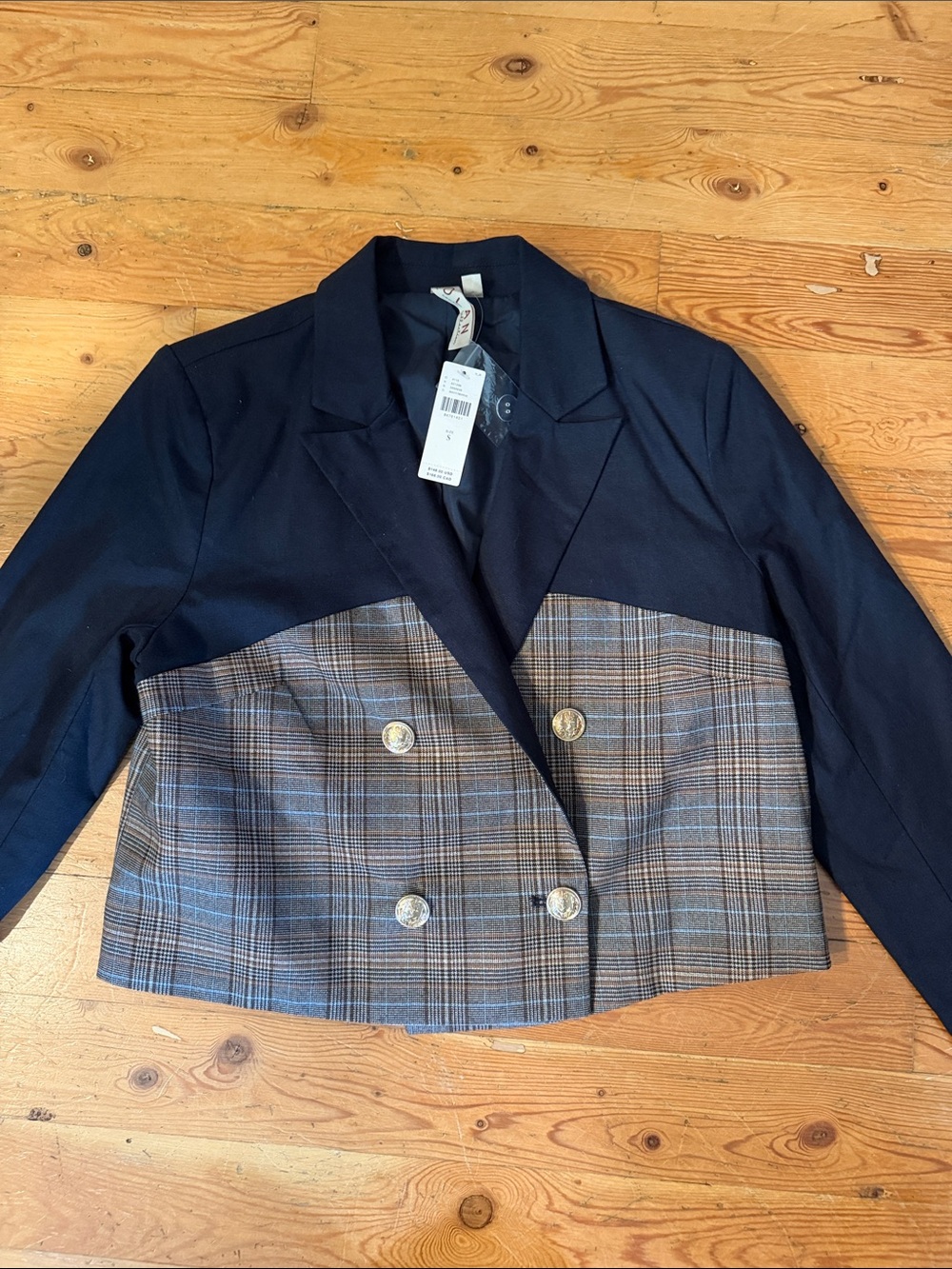 dolan Navy and Brown Plaid Double-Breasted Cropped Blazer